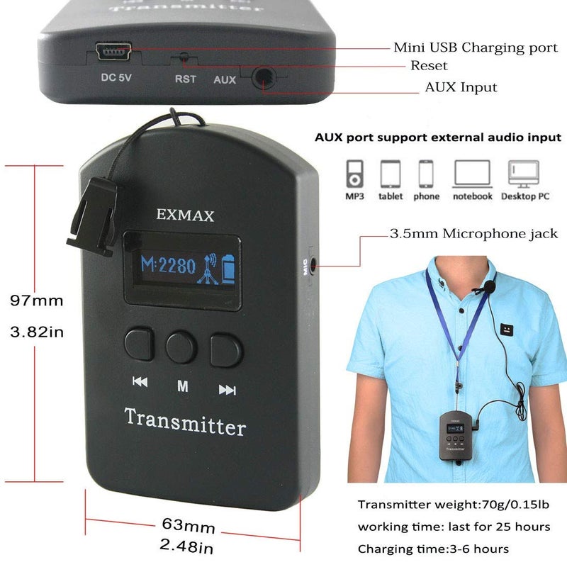 EXMAX EXD-6824 2.4G Wireless Voice Audio Transmission Tour Guide System for Churches Interpreter Translation Business Visting Convention Teaching Training Private Talking (1 Transmitter 3 Receivers) - Image 3